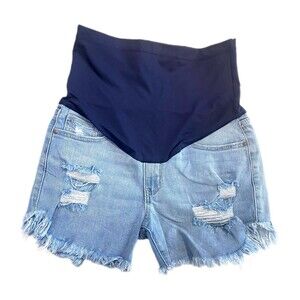 PinkBlush Maternity Shorts Light Blue Denim Distressed Full Belly Panel Size 28